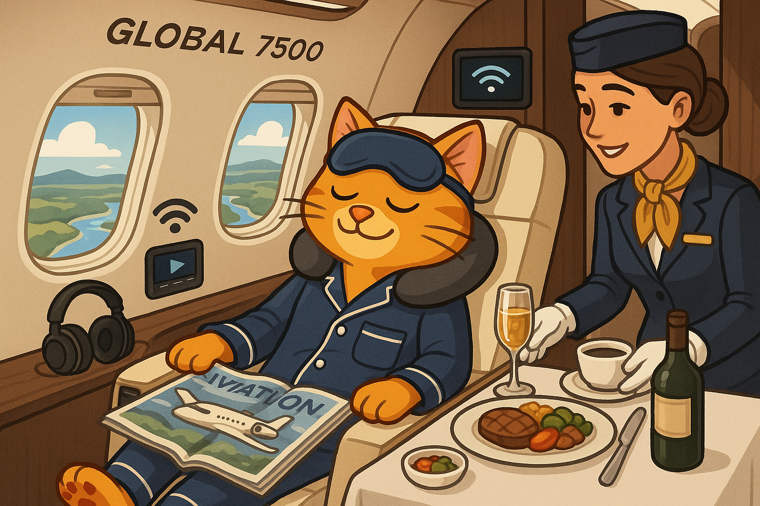 VIP Cat enjoying premium in-flight services and gourmet catering