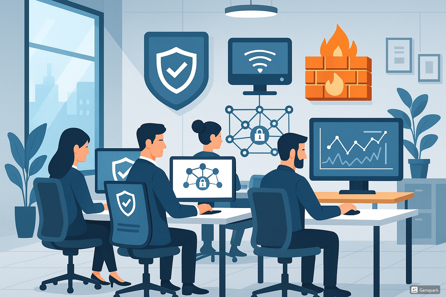 Pequeña empresa moderna con empleados trabajando de forma segura