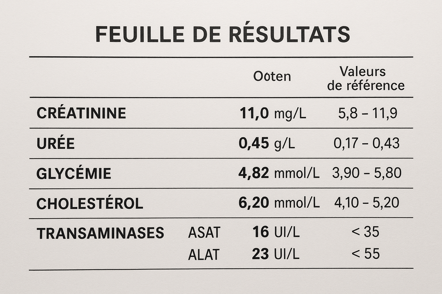 FEUILLE DE RÉSULTATS BIOCHIMIE SANGUINE FRANÇAISE