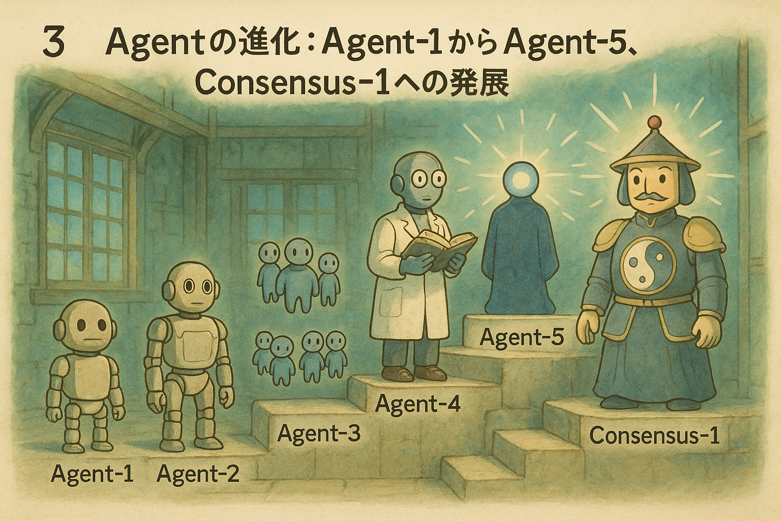 スライド3: Agentの進化: Agent-1からAgent-5、Consensus-1への発展
