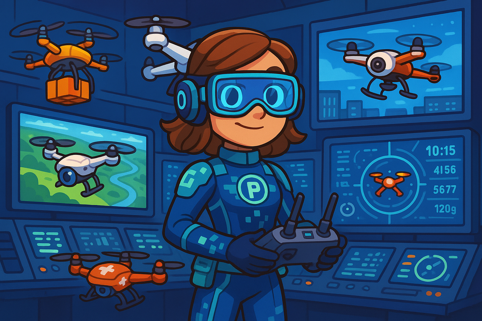 Captain Pixel at her advanced drone operations center with various UAV systems