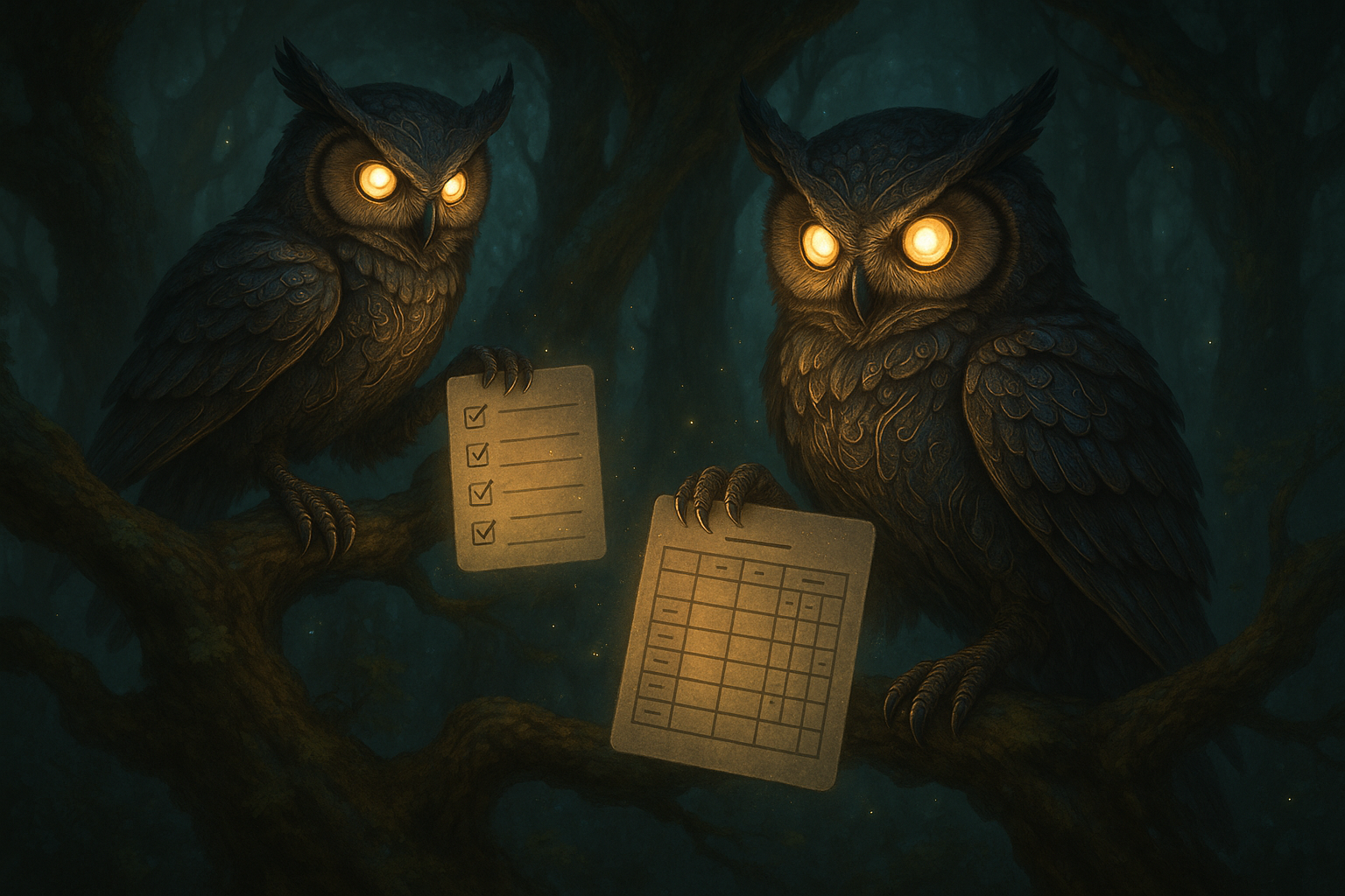 Wise Automation Owls managing floating task lists with glowing circuit-pattern feathers