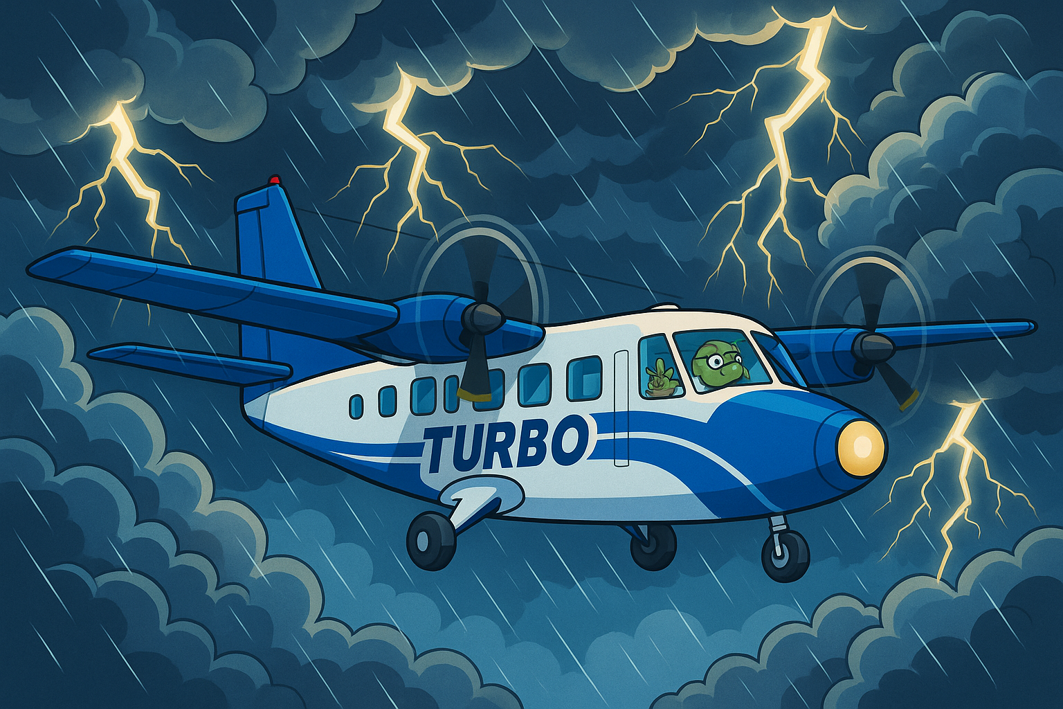 Turbo navigating through storm clouds with lightning