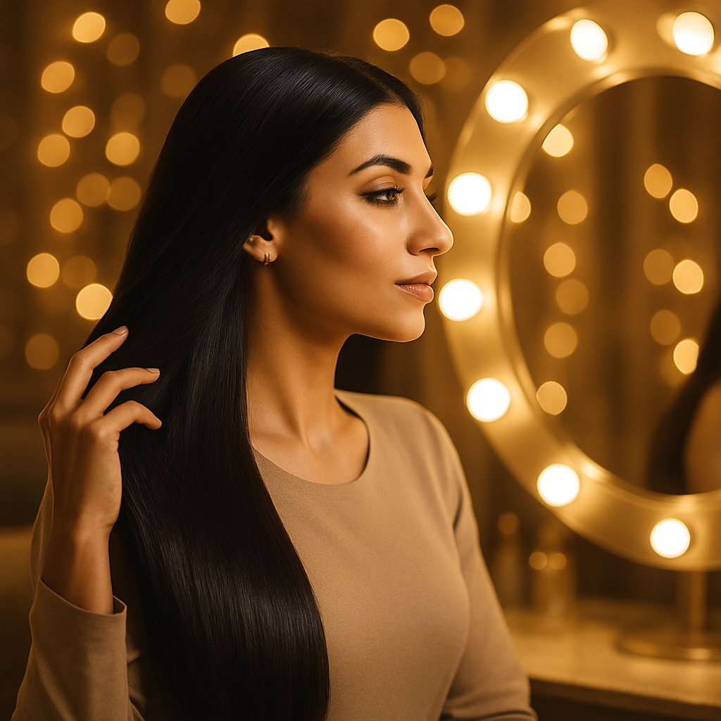 Woman at vanity with hair products