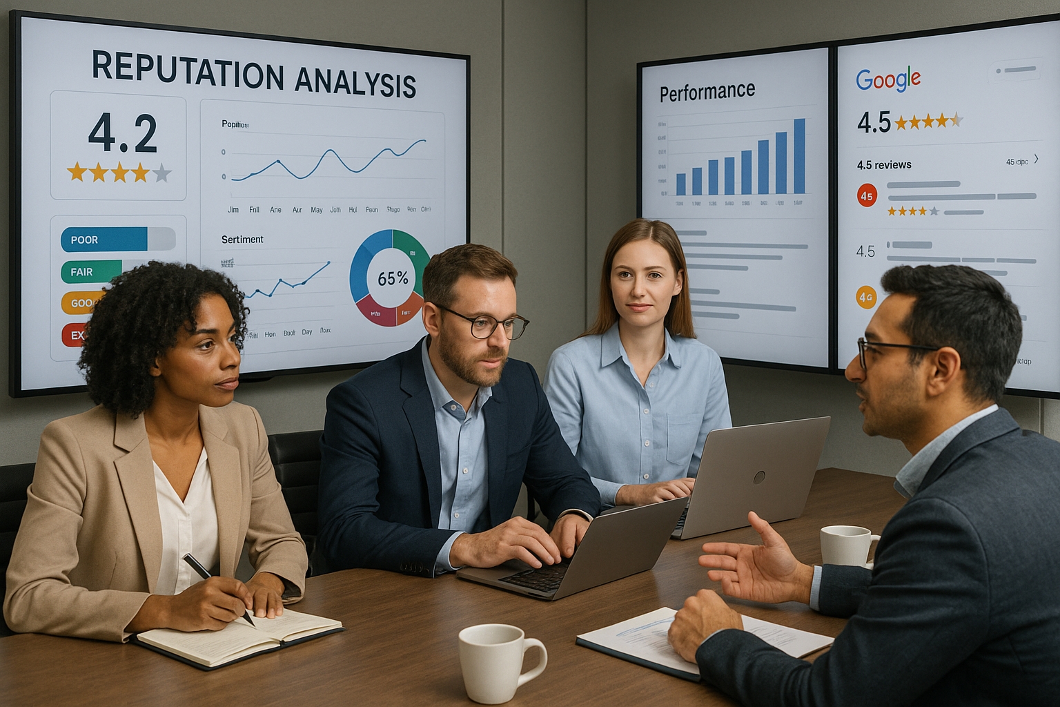 Équipe de spécialistes en e-réputation analysant des données de réputation en ligne