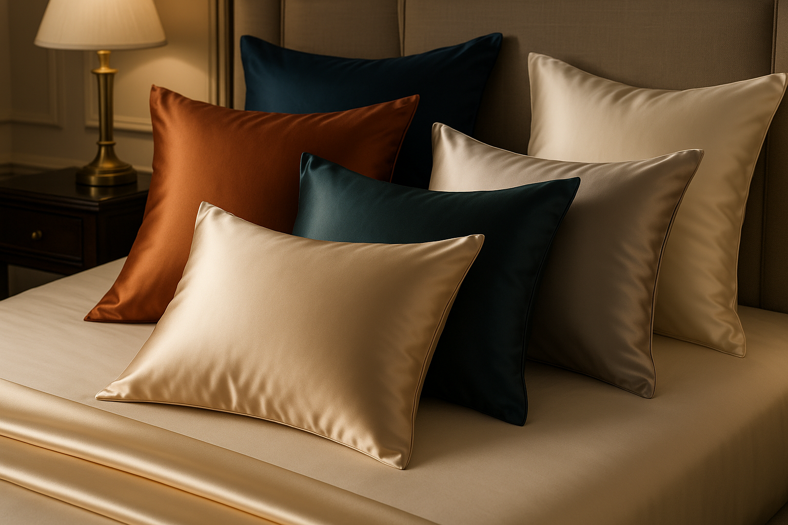 Les taies d'oreiller en soie fini élégante dans différentes couleurs affichées sur le lit de luxe