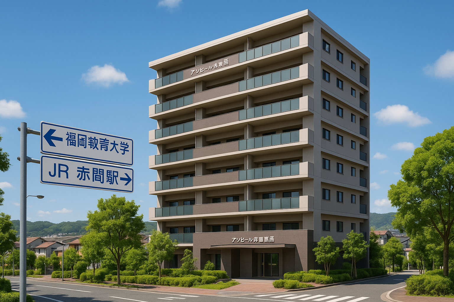 赤間駅前マンション外観。モダンな高層マンション建物