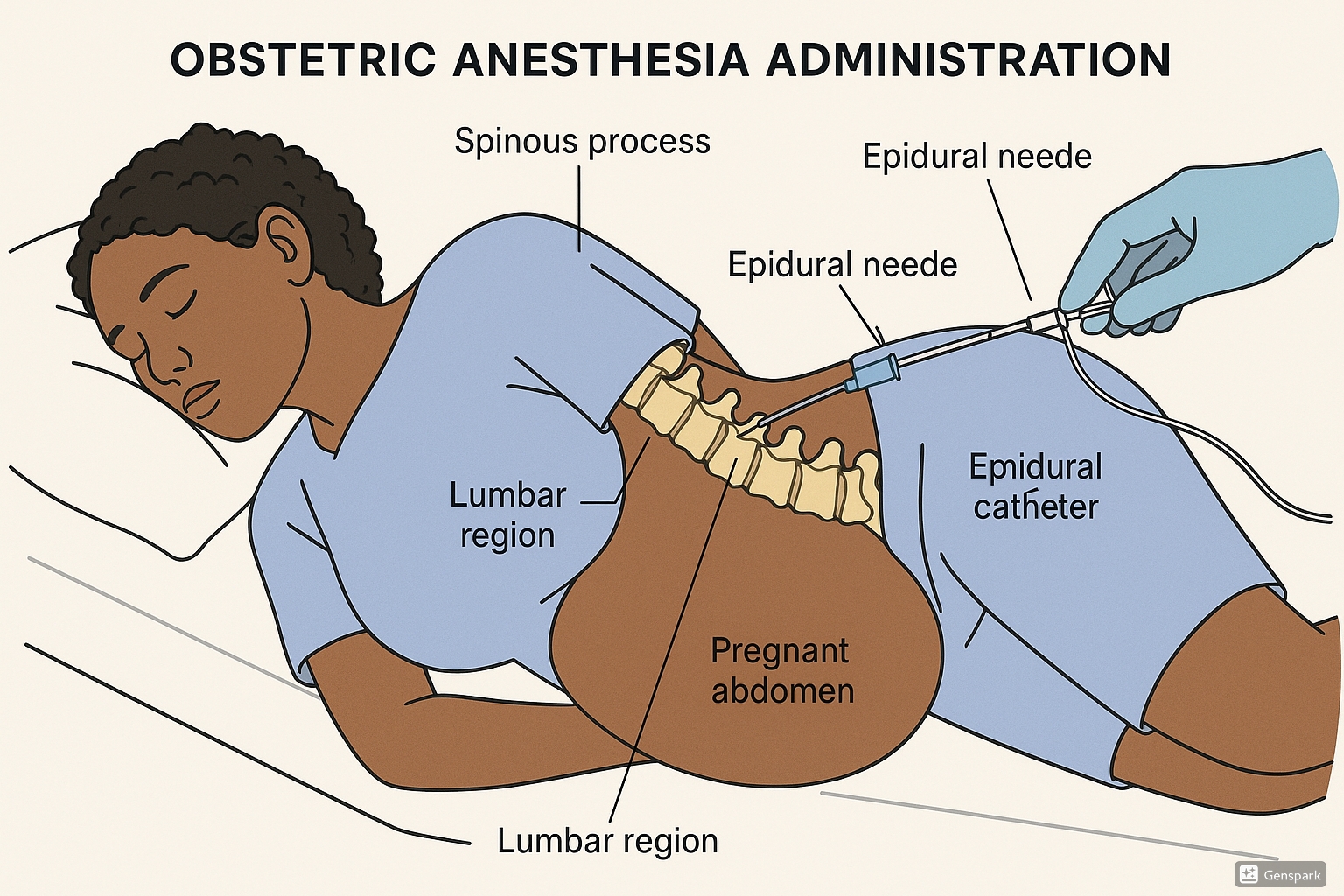 Obstetric anesthesia epidural placement showing anatomical landmarks