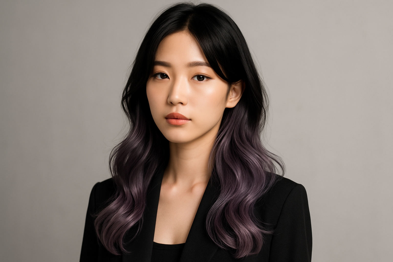 블랙과 애쉬 퍼플 투톤염색 스타일