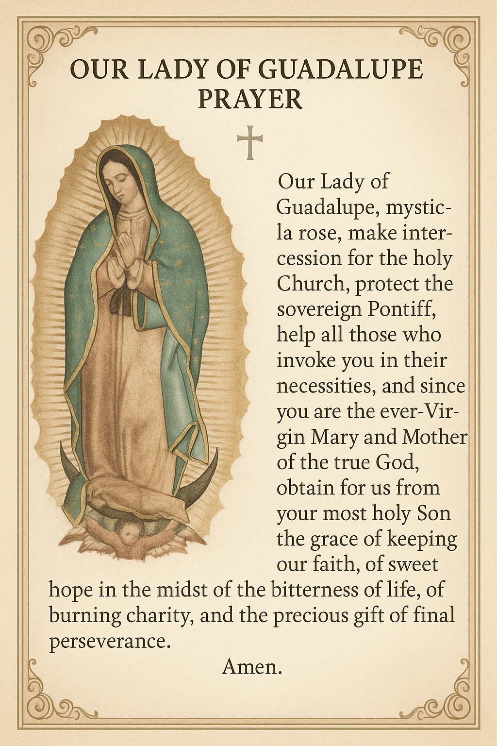 Our Lady of Guadalupe Prayer - Printable Catholic Prayer Card
