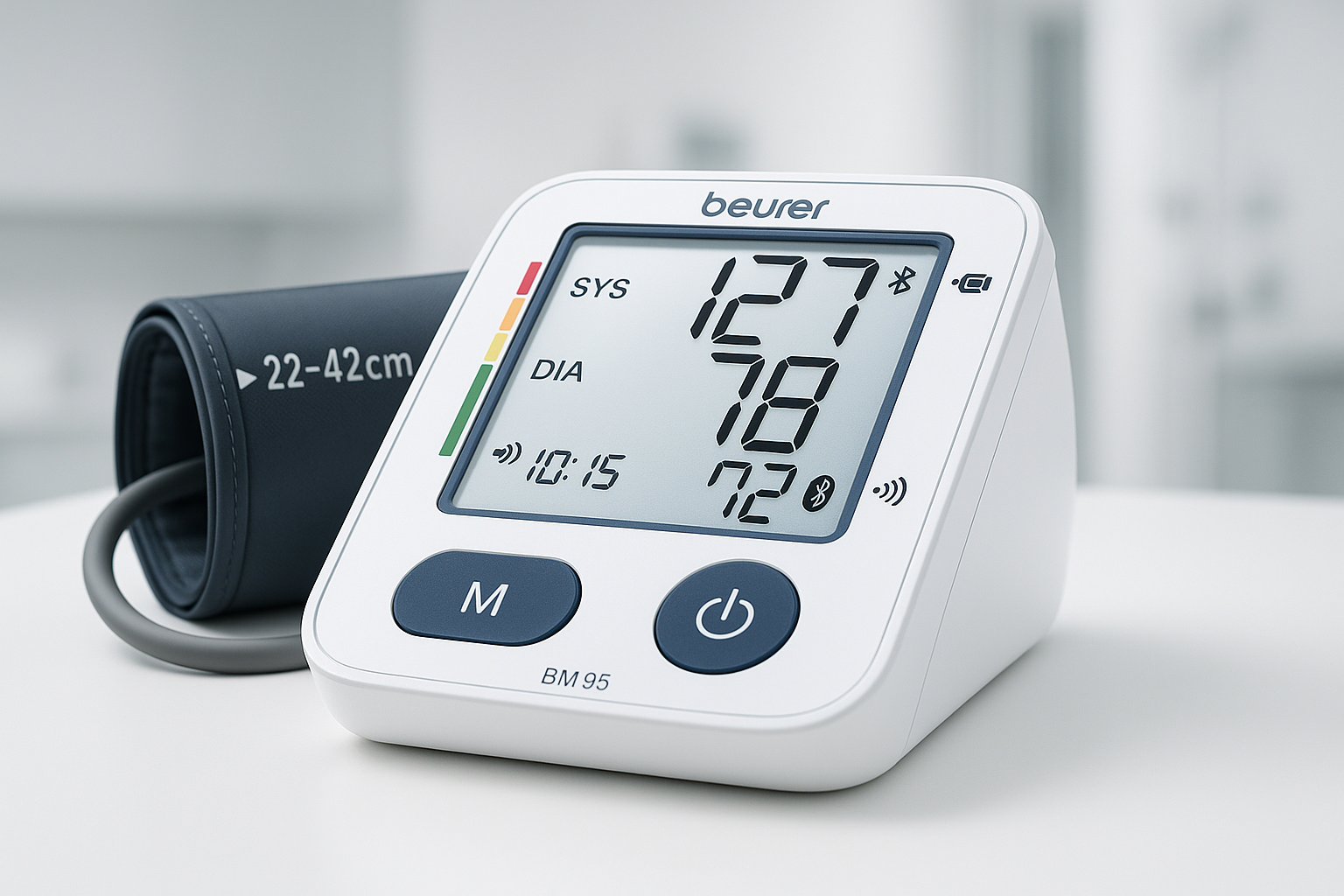 Beurer BM 95 Upper Arm Blood Pressure Monitor - Main unit with digital display showing blood pressure readings and ECG functionality