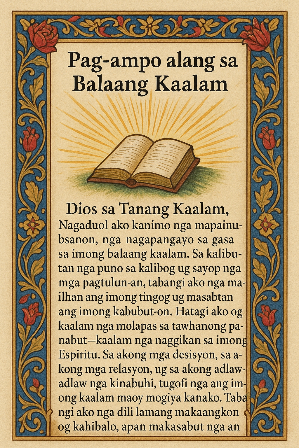 Bisaya prayer card for divine wisdom showing a Bible with a lamp
