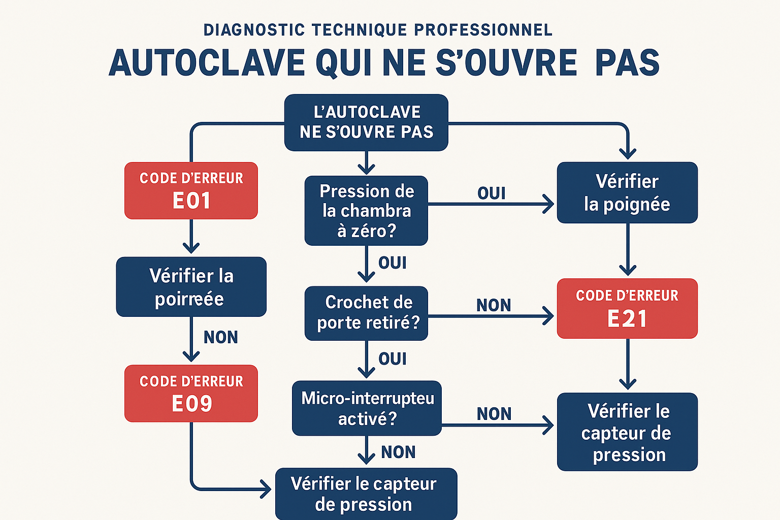 ORGANIGRAMME DE DIAGNOSTIC TECHNIQUE PROFESSIONNEL POUR AUTOCLAVES QUI NE S'OUVRENT PAS, FLOWCHART AVEC BOÎTES DE DÉCISION, FLÈCHES DIRECTIONNELLES, CODES D'ERREUR E01-E28, ÉTAPES DE VÉRIFICATION, BRANCHES OUI/NON, STYLE INFOGRAPHIQUE TECHNIQUE, COULEURS BLEU ET ROUGE POUR LES ALERTES, FOND BLANC, TYPOGRAPHIE CLAIRE