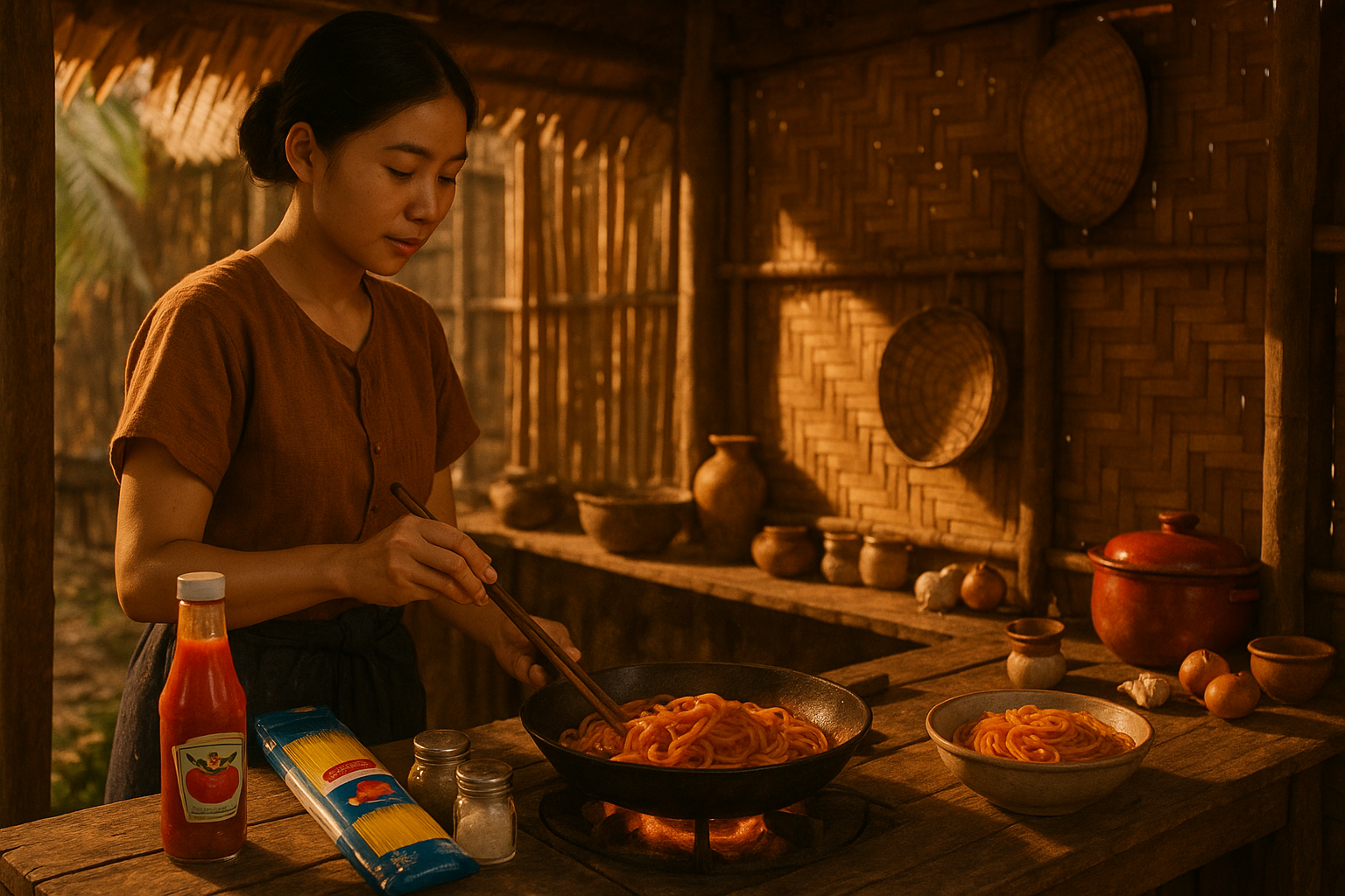タイの田舎のキッチンでスパゲティナポリタンを作る様子