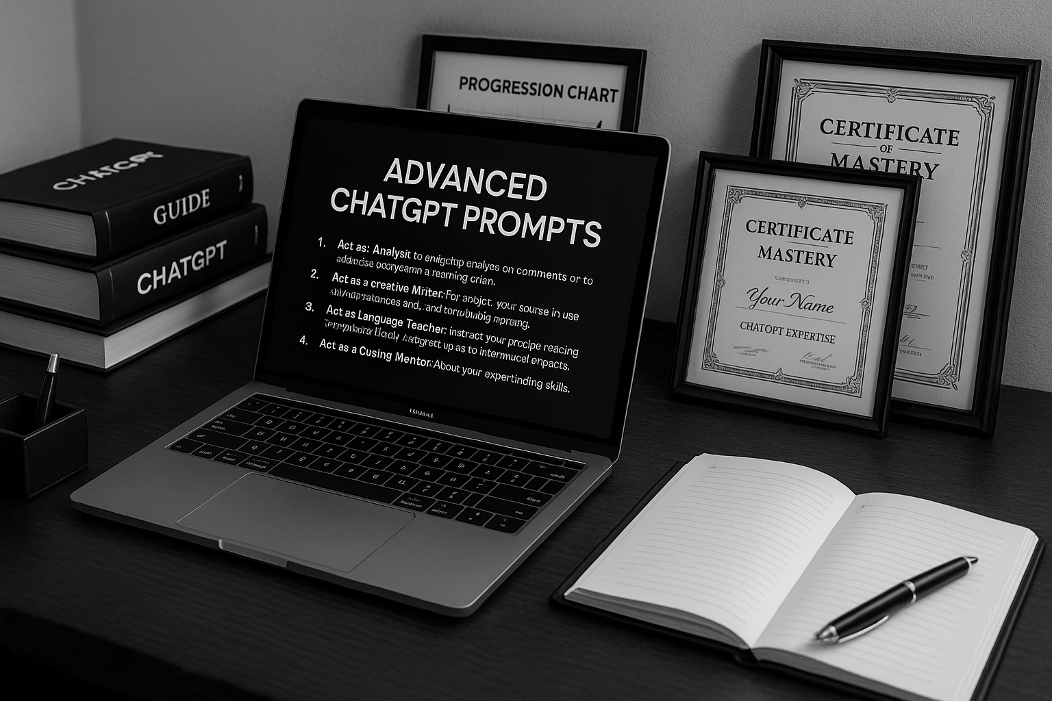 ChatGPT prompting expert workspace - professional setup showing ChatGPT expertise development with laptop, learning materials, and mastery progression tools