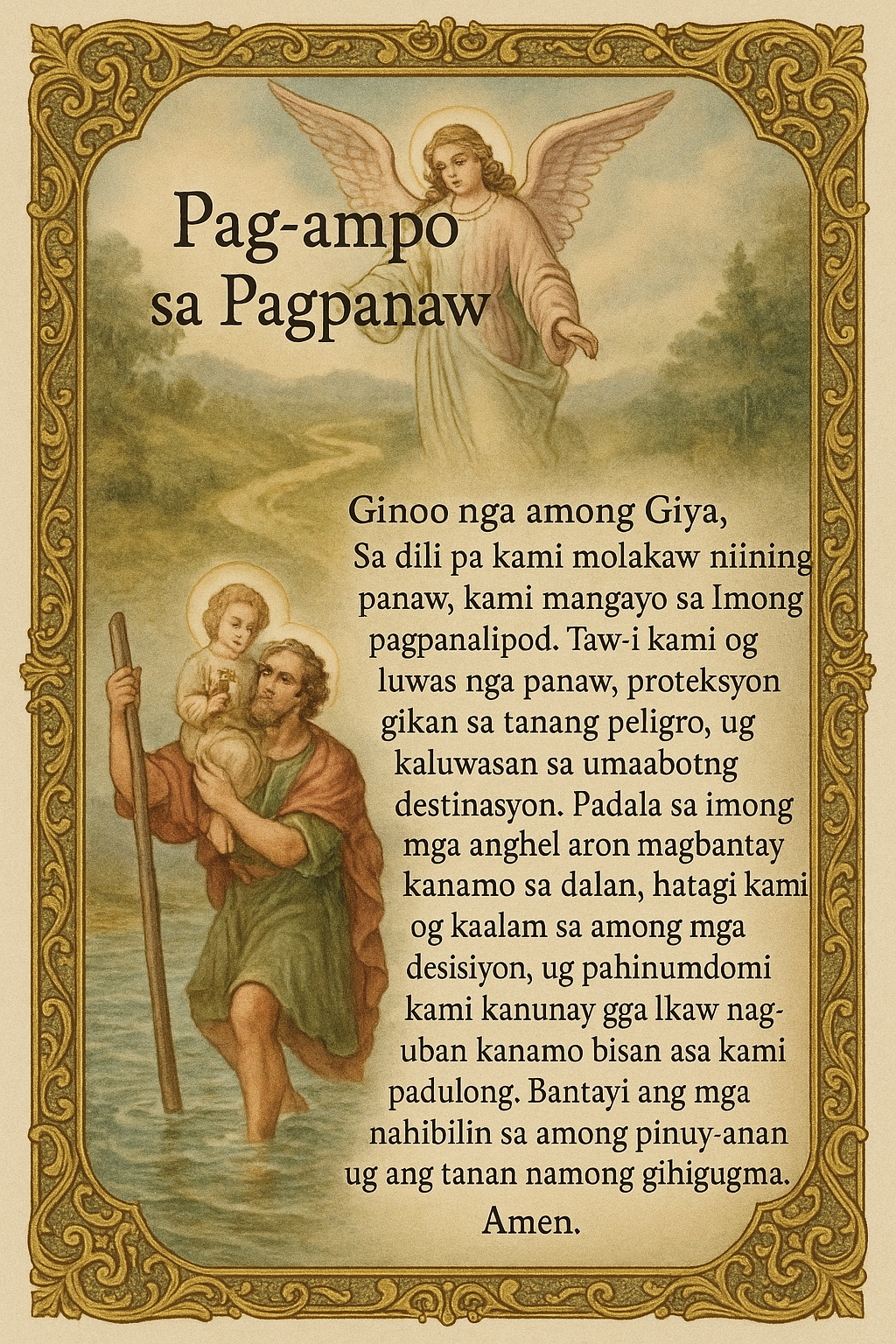 Bisaya prayer card for travel showing St. Christopher and the prayer text in Cebuano language