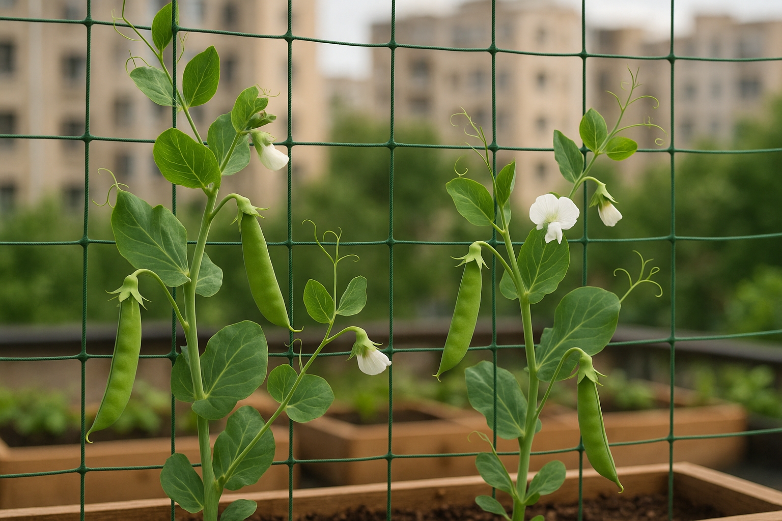Système de tuteurage pour petits pois en pot sur une terrasse urbaine
