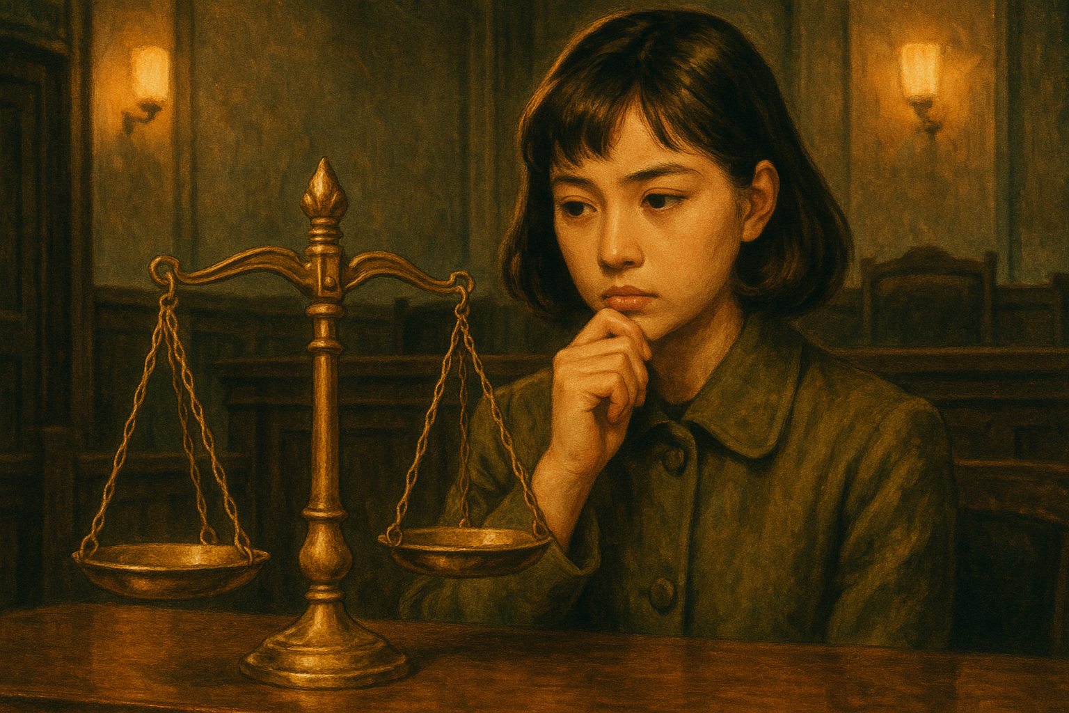 昭和レトロな法廷で正義について考える若い女性