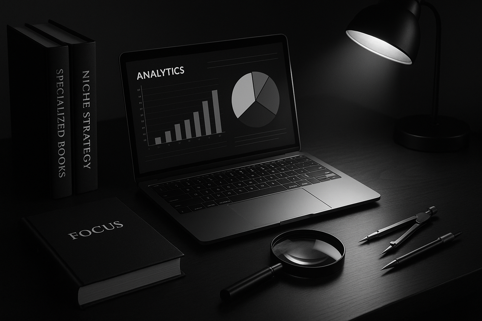 Niche SEO strategy workspace showing focused specialization with targeted analytics, precision tools, and strategic planning elements for dominating authority sites