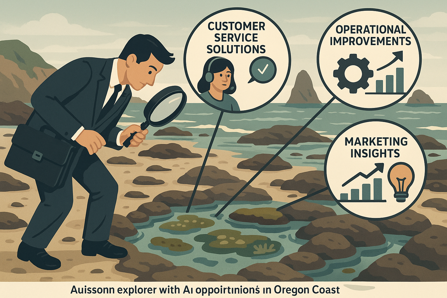 Business explorer with magnifying glass discovering AI opportunities in Oregon Coast tide pools through step-by-step exploration process