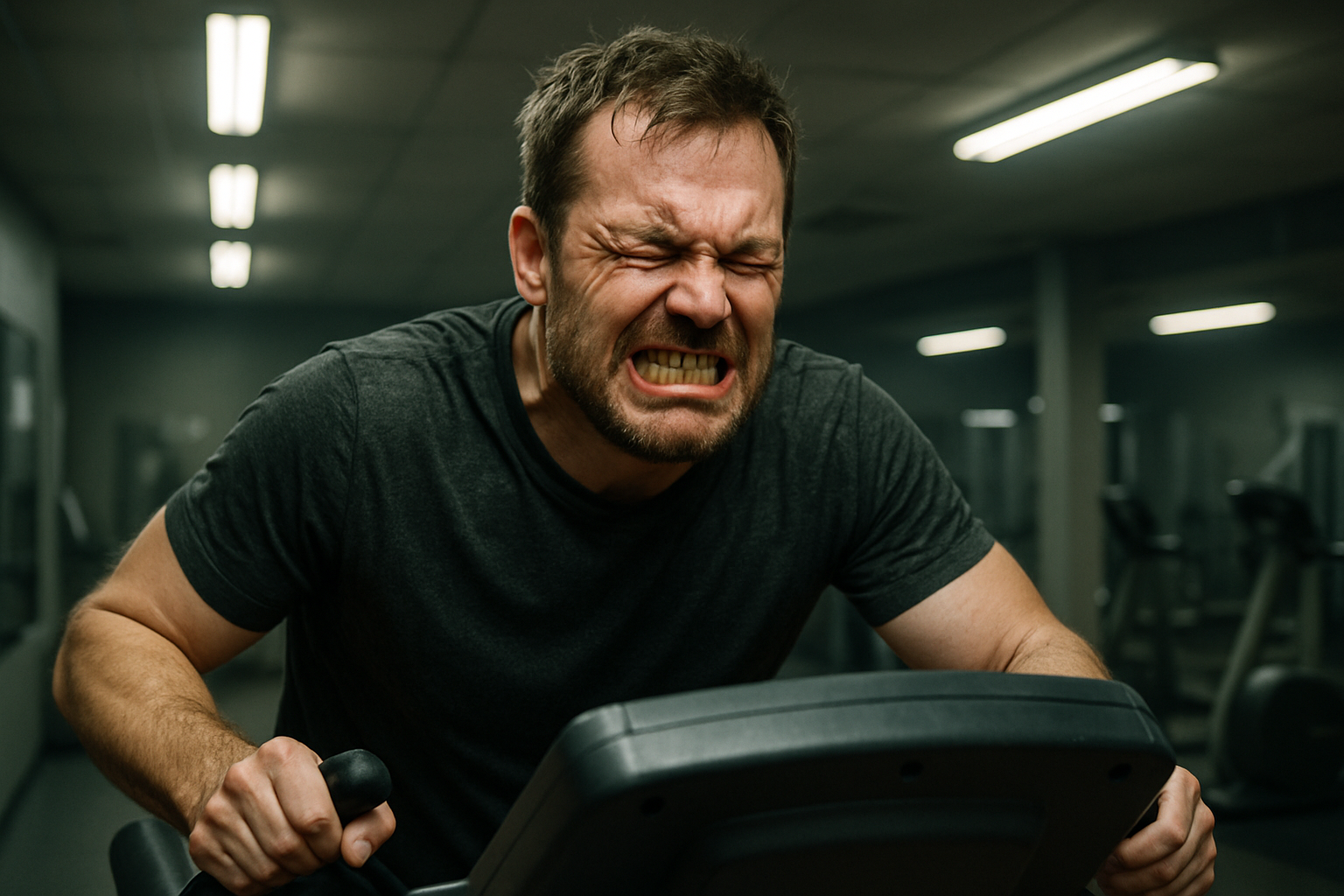 Person grimacing on treadmill under harsh lights