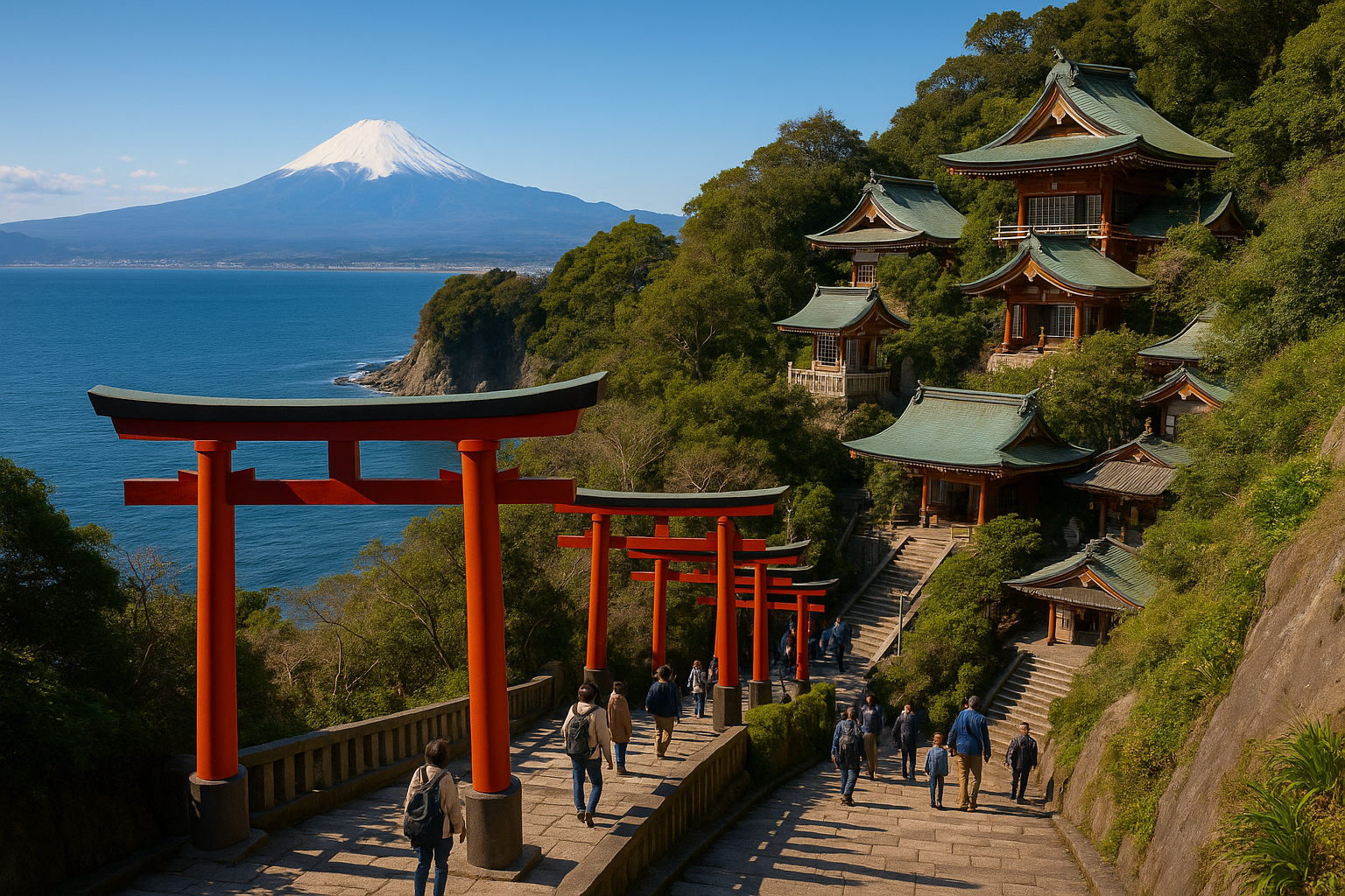 Enoshima Island shrine with ocean views and Mount Fuji