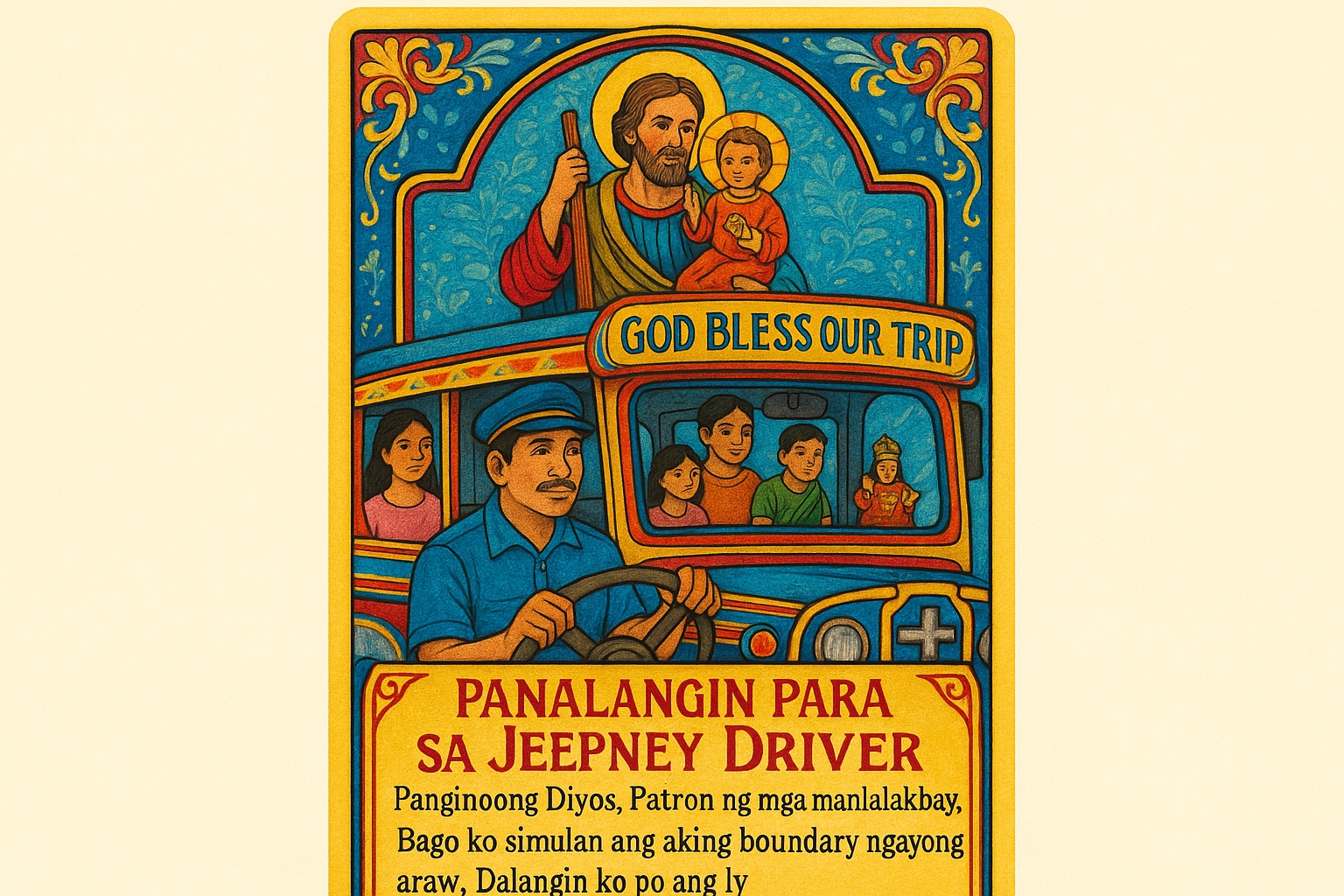 Colorful Filipino Catholic prayer card titled 'Panalangin Para sa Jeepney Driver' featuring traditional jeepney with driver and passengers, San Cristobal saint imagery, and typical jeepney religious decorations. Uses vibrant Filipino colors with ornate border and Tagalog prayer addressing boundary system challenges, fuel costs and passenger issues.