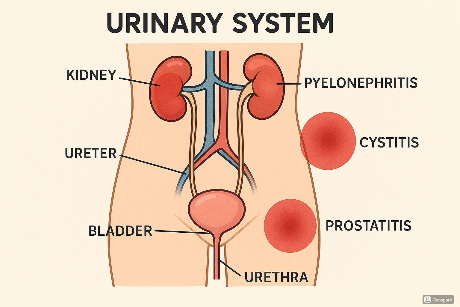 Urinary System Anatomy with Infection Sites