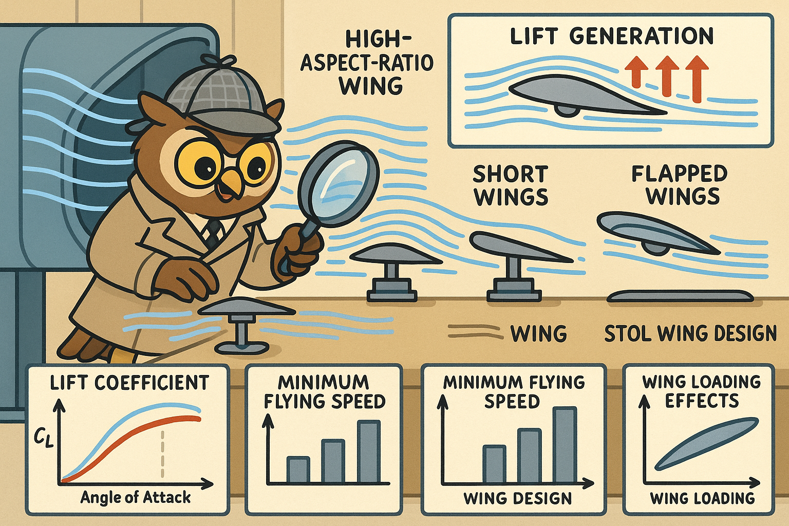 Inspector Owl studying wing designs and airflow