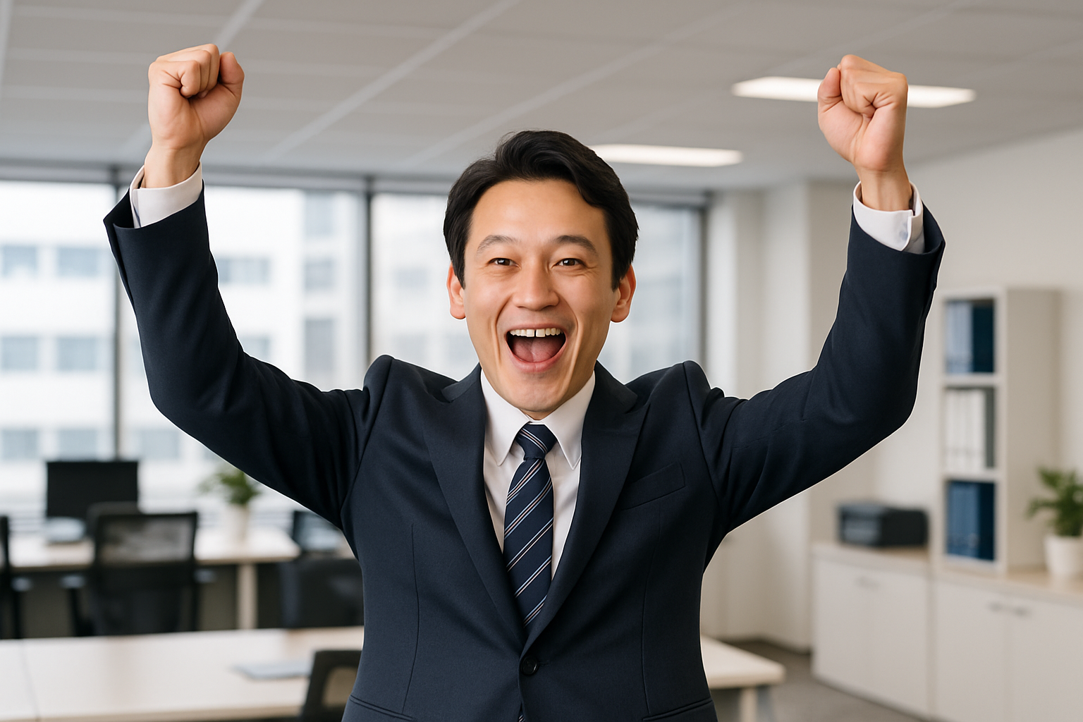 両手を突き上げて嬉しそうな日本人ビジネスマン