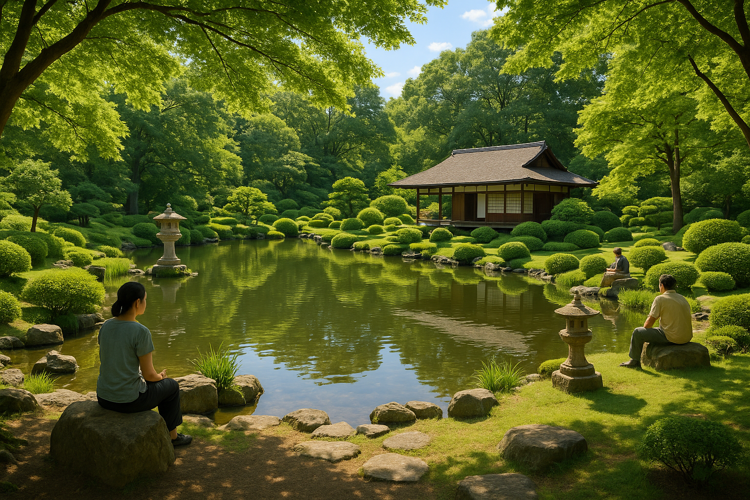 Traditional Japanese garden with pond and tea house
