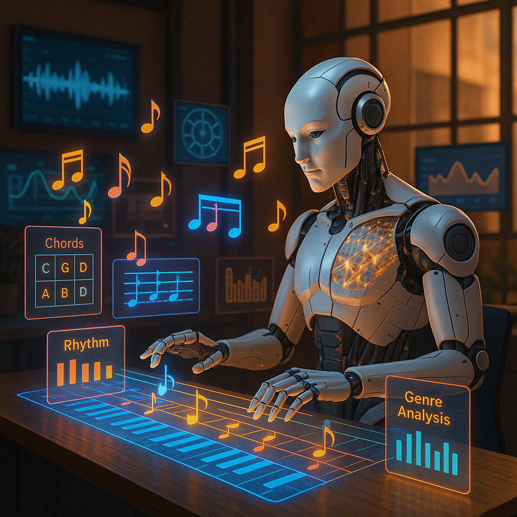 AI robot sitting in creative workspace composing music on holographic interface with floating musical notes and data visualizations