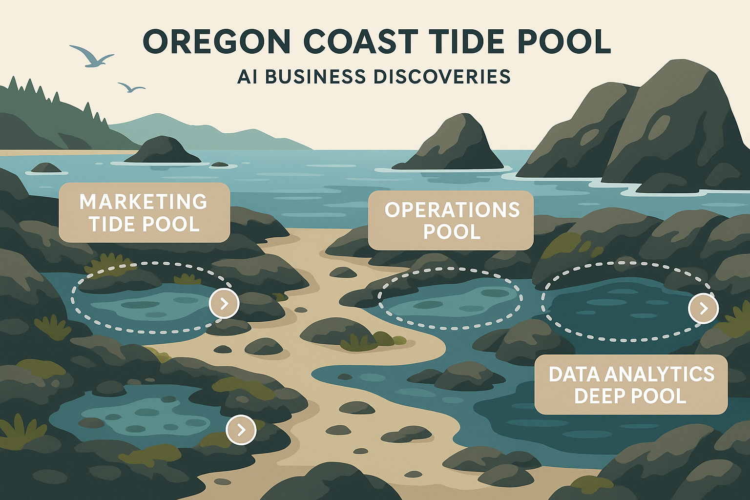 Interactive Oregon Coast tide pool map showing clickable zones for marketing, operations, customer service, and data analytics AI discoveries