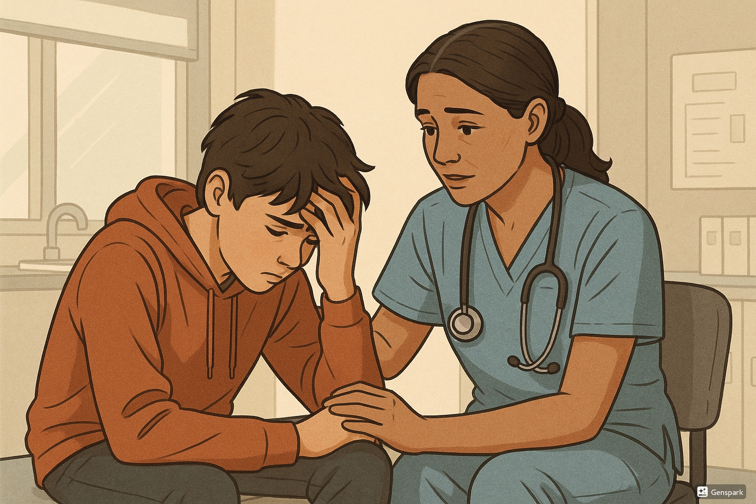 Delinquency in children - Nurse counseling a troubled child in clinical setting