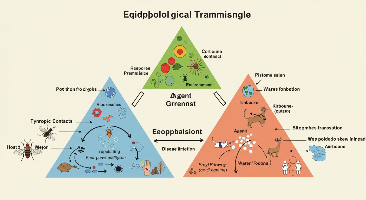 Epidemiological triangle showing host, agent, and environment factors in disease transmission