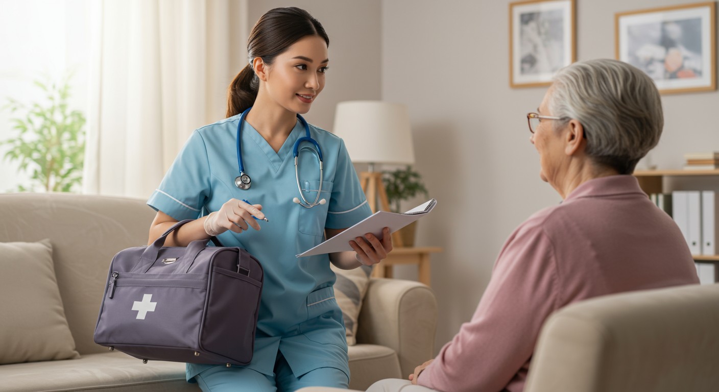 Home visits nursing - A community health nurse conducting a home visit with an elderly patient