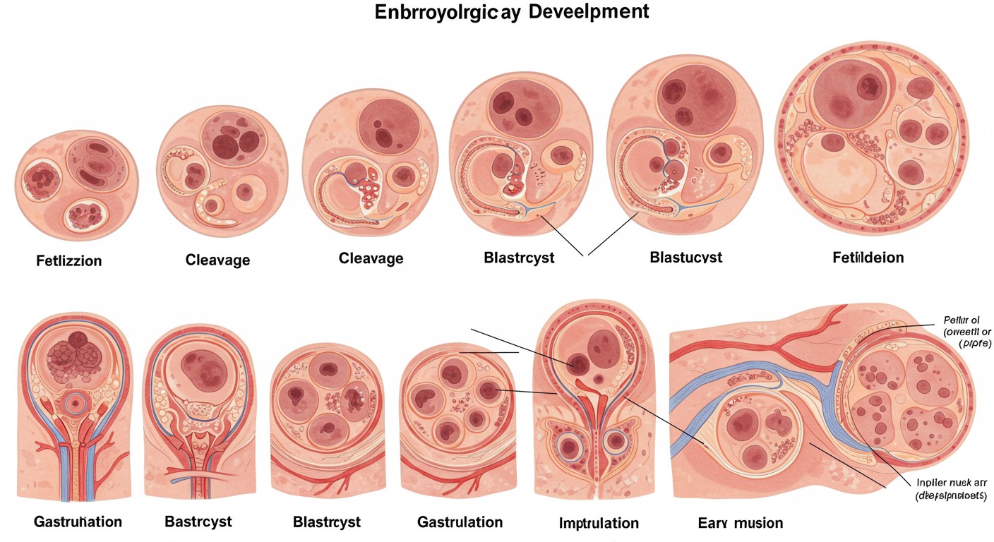 Embryological development stages showing fertilization, cleavage, morula, blastocyst, implantation, gastrulation, and early placenta formation