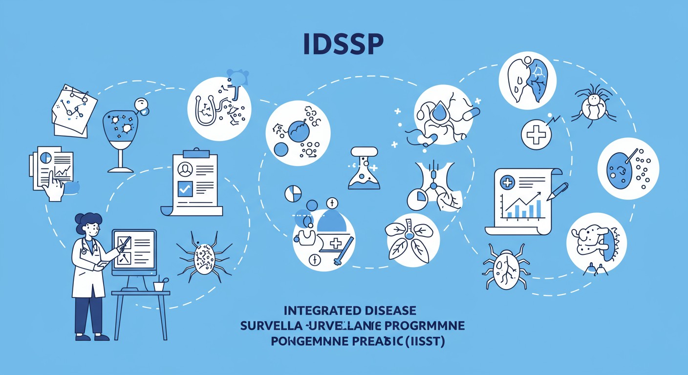 Integrated Disease Surveillance Programme concept showing medical professionals collecting and analyzing disease data