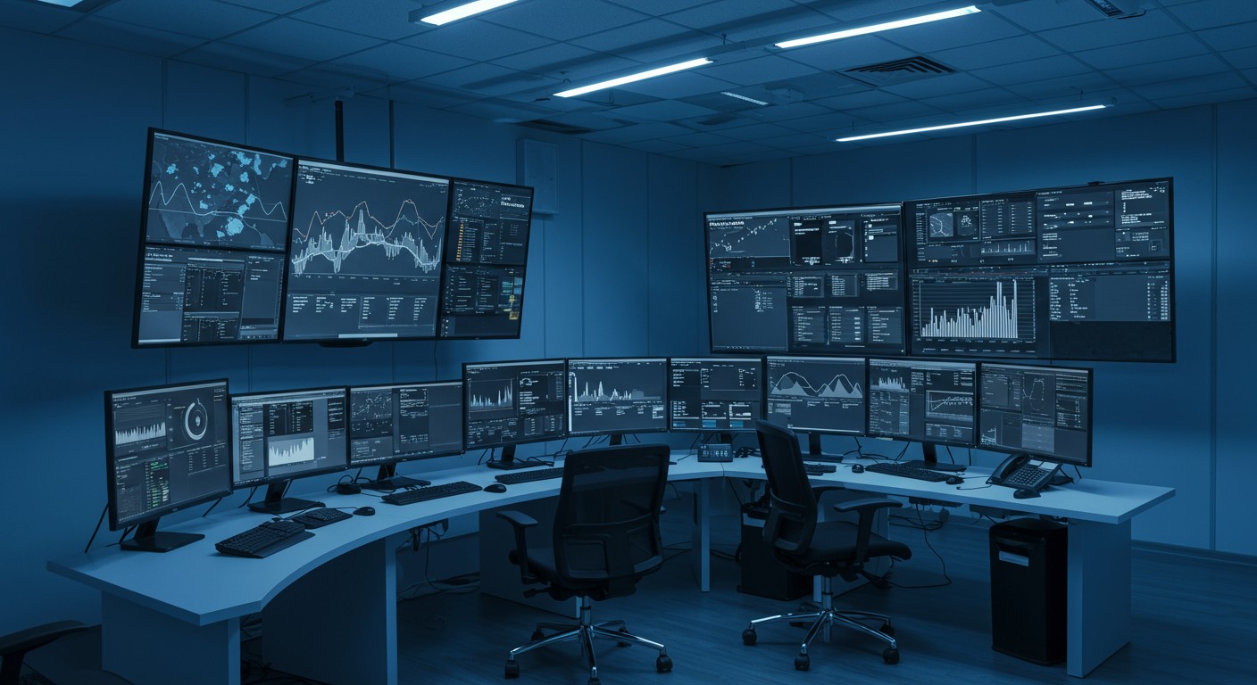 Sala de operaciones de seguridad monitoreando sistemas de defensa