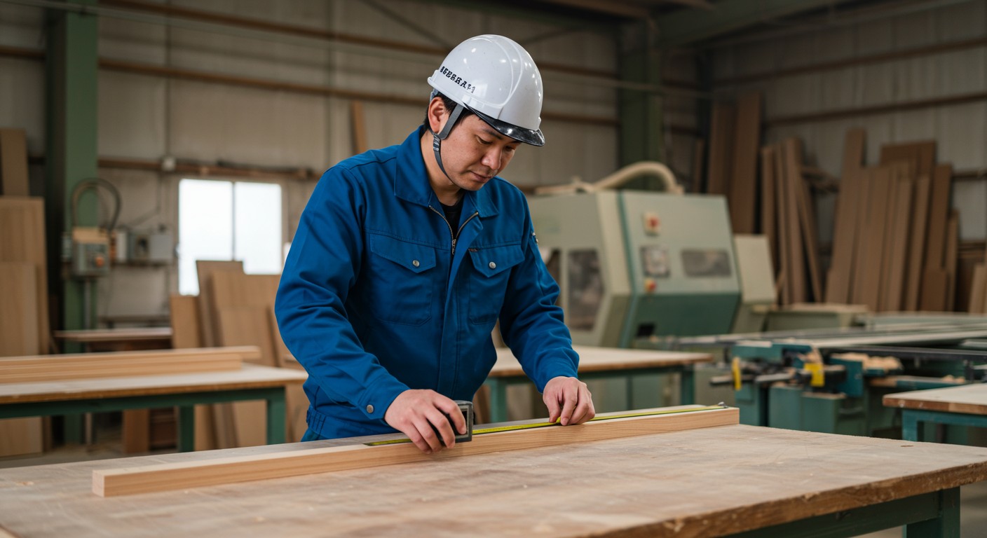 Công nhân đo đạc sản phẩm gỗ
