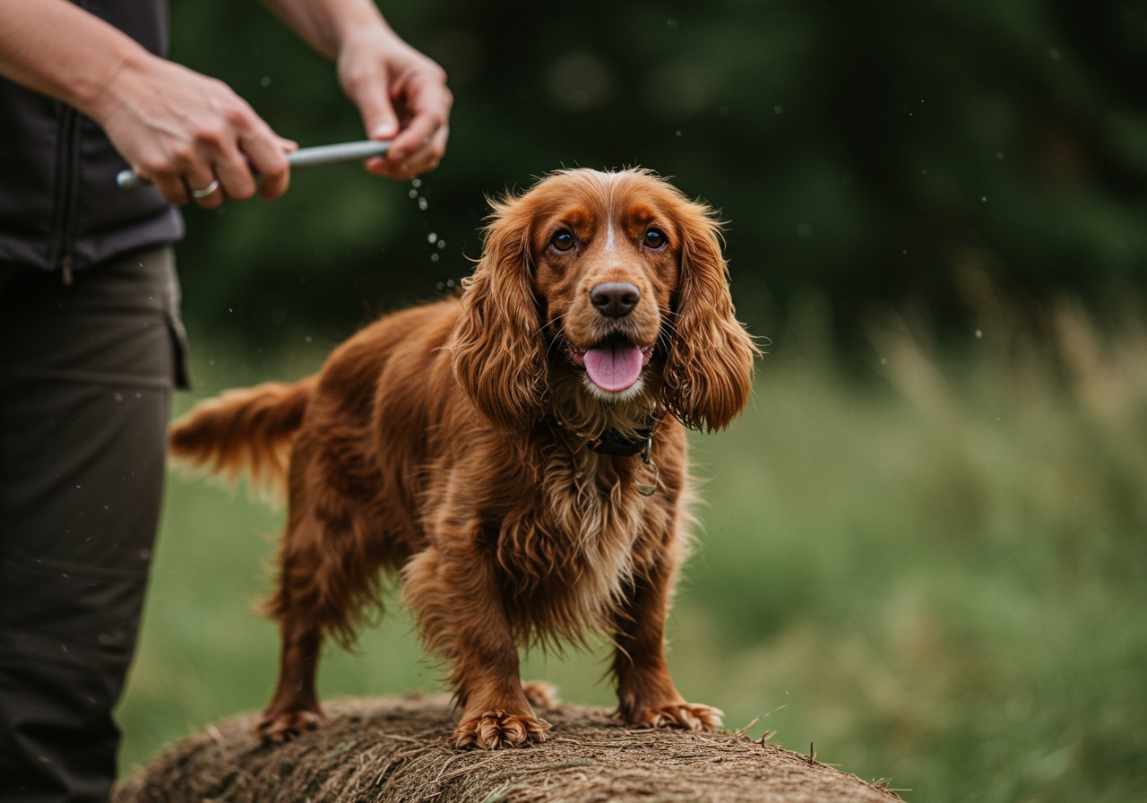 Een engelse cocker spaniel tijdens een trainingssessie, met een alerte maar licht eigenwijze blik
