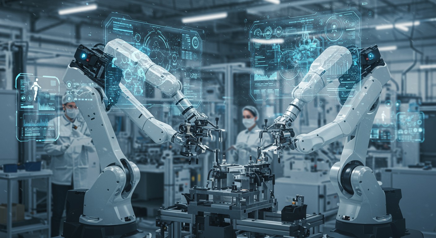 Futuristic collaborative robots working alongside humans in a smart factory
