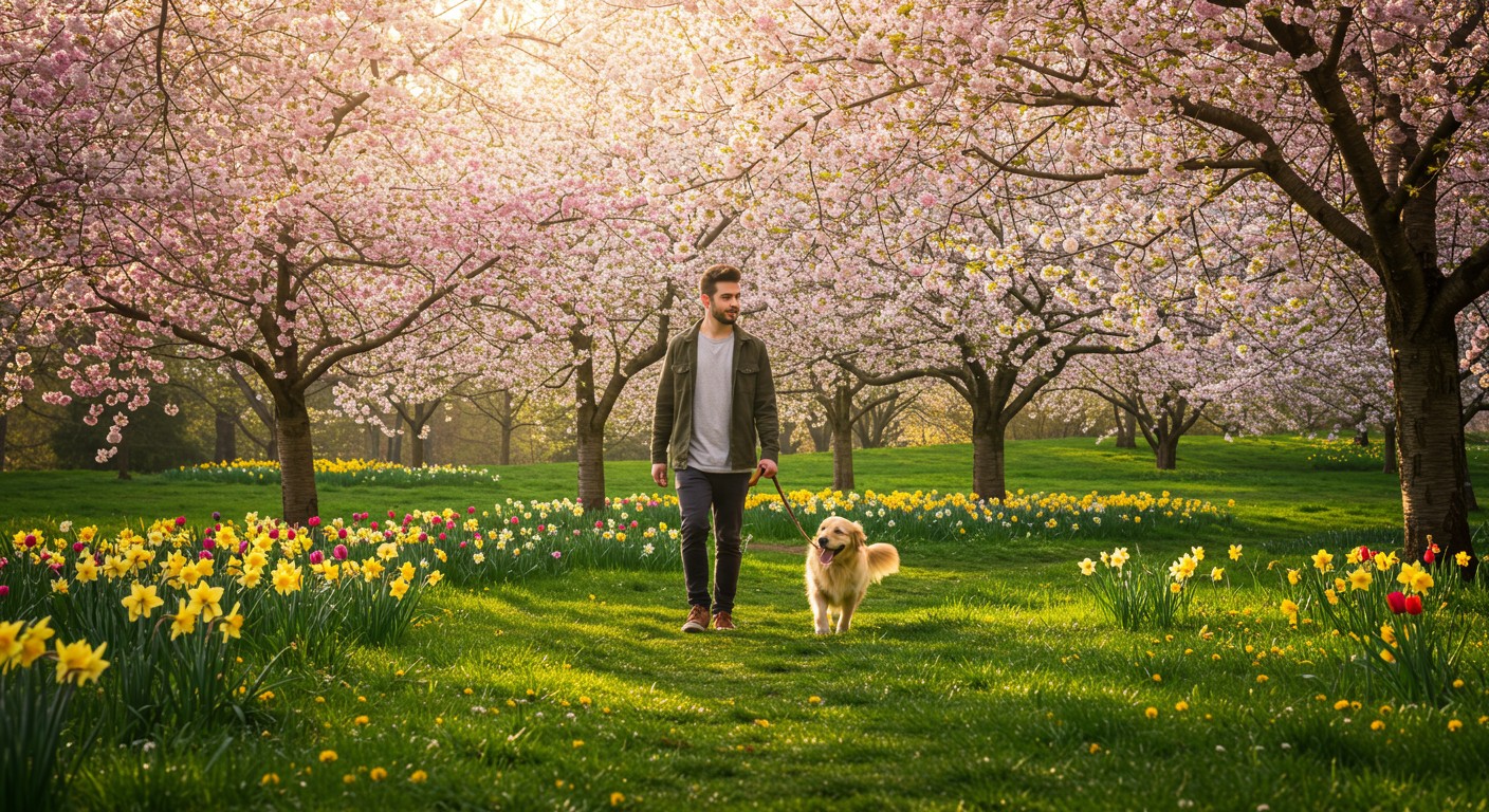 Dog walking in spring