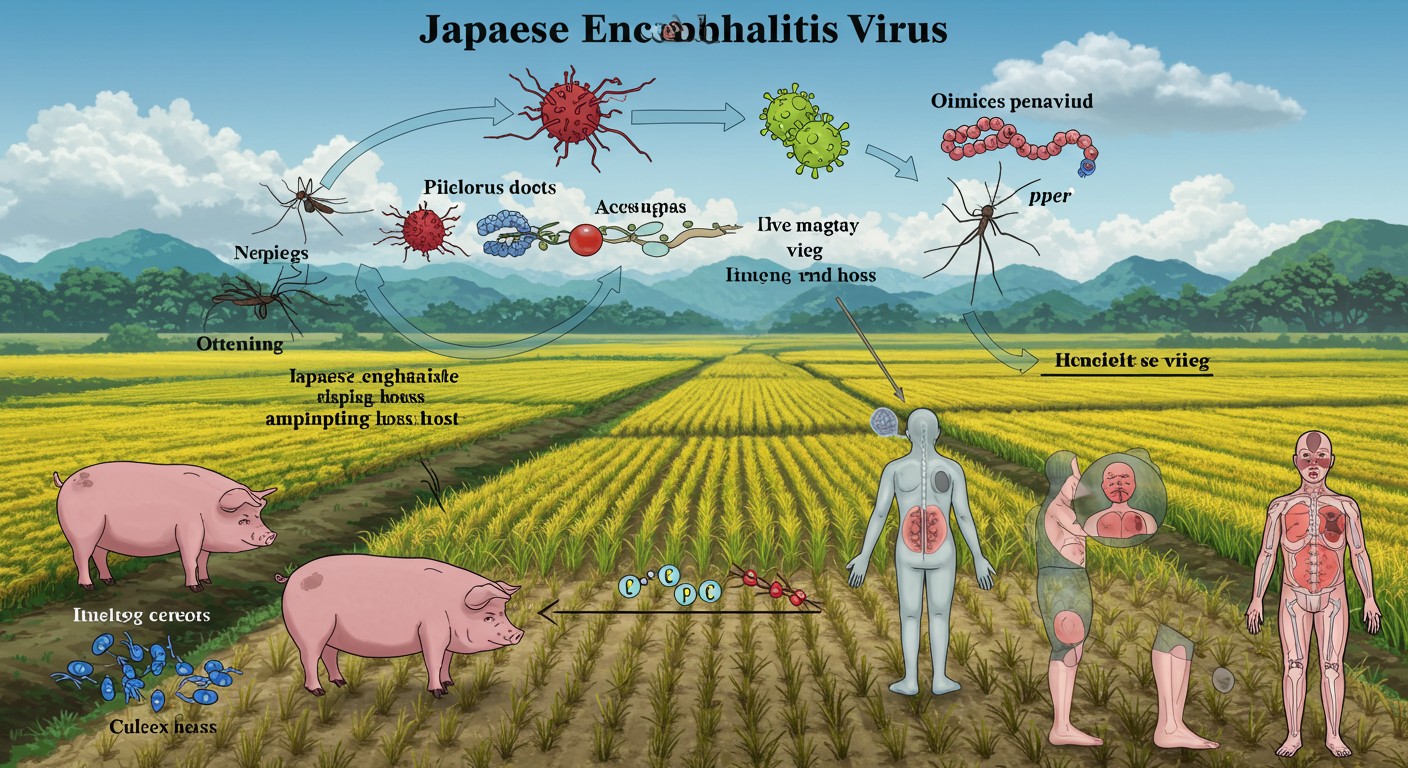 Japanese Encephalitis virus transmission cycle between mosquitoes, pigs as amplifying hosts, and humans, with rice fields in background