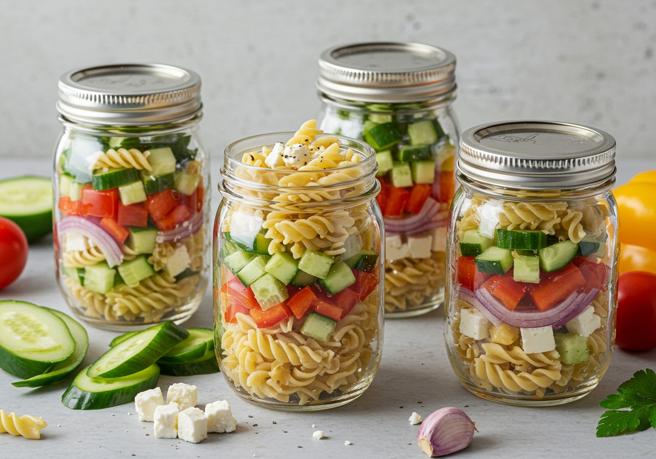 Mason jar Greek pasta salad with colorful layers