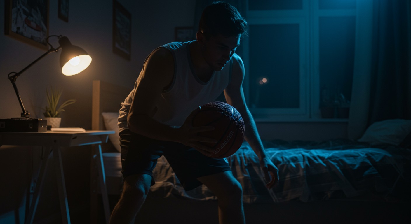 Player practicing with silent basketball in bedroom at night