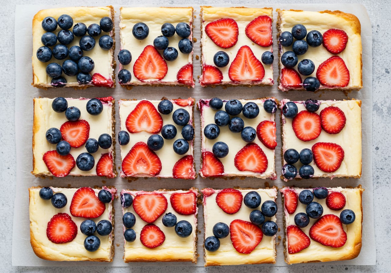 Red, white, and blue berry cheesecake bars