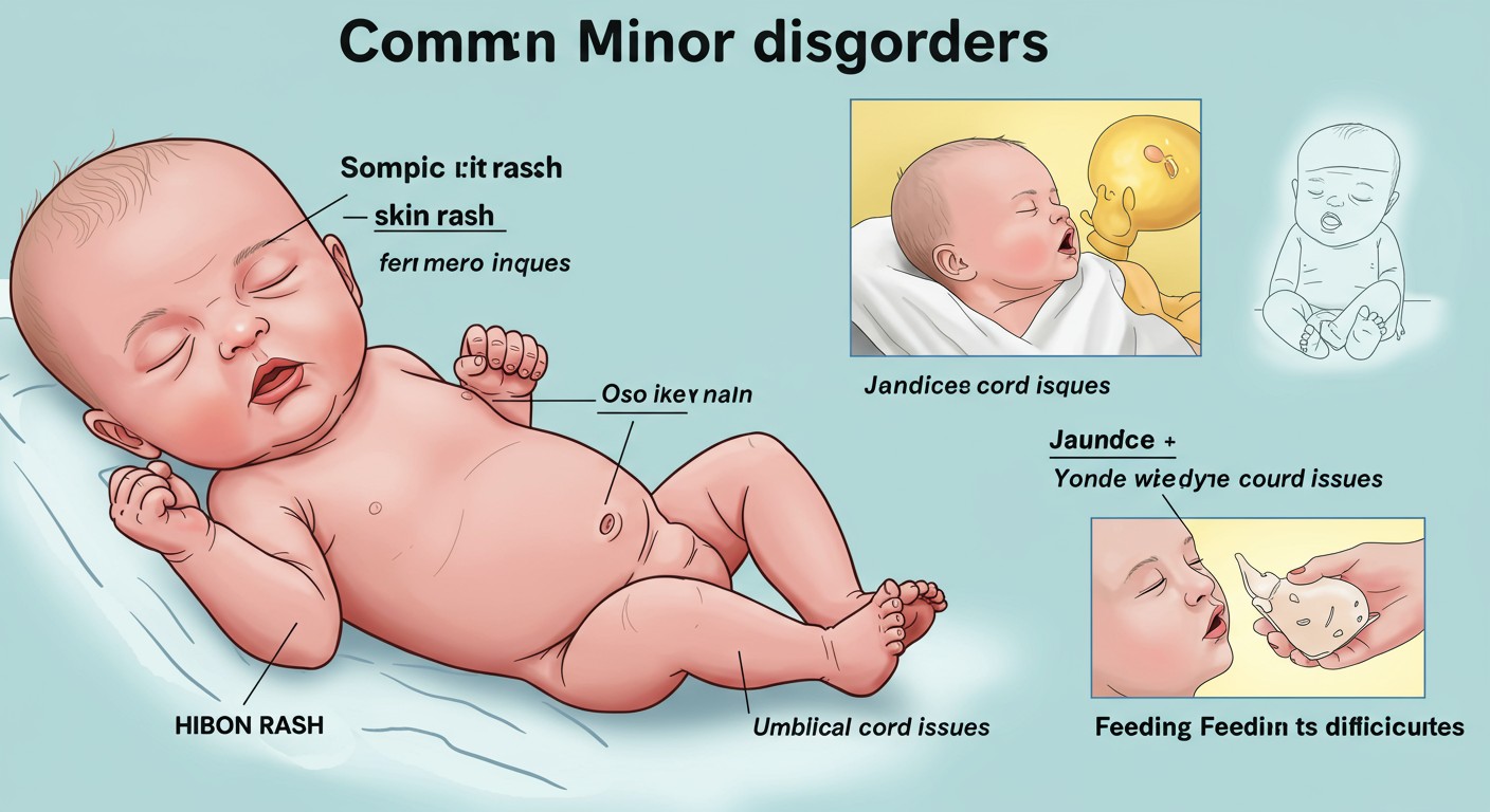 Medical illustration of common neonatal disorders showing jaundice, skin rash, umbilical issues and feeding difficulties