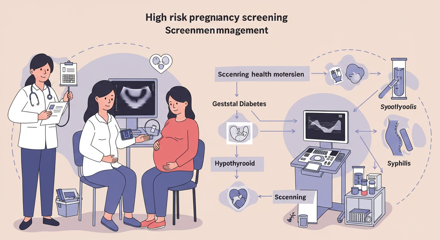High-risk pregnancy screening and management showing a community health nurse examining a pregnant woman with medical equipment and flowchart