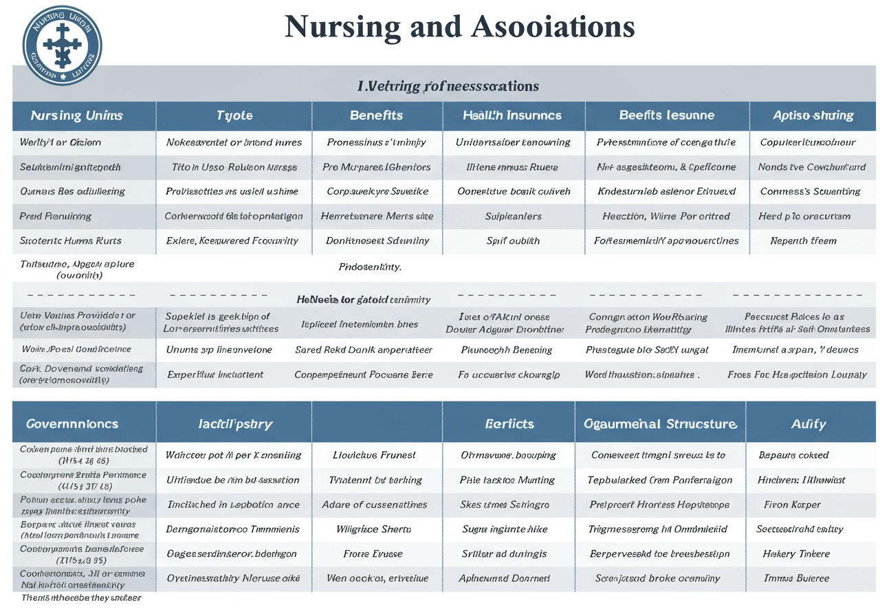 Professional comparison table showing types of nursing unions and professional associations with their roles, benefits, and structures